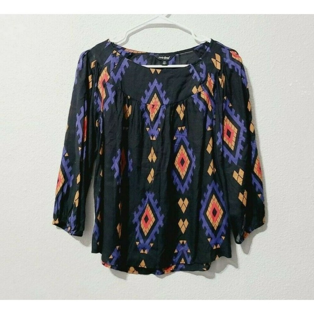 Lucky Brand Amelia Geometric Print Peasant Top Size XS Black Blue Boho